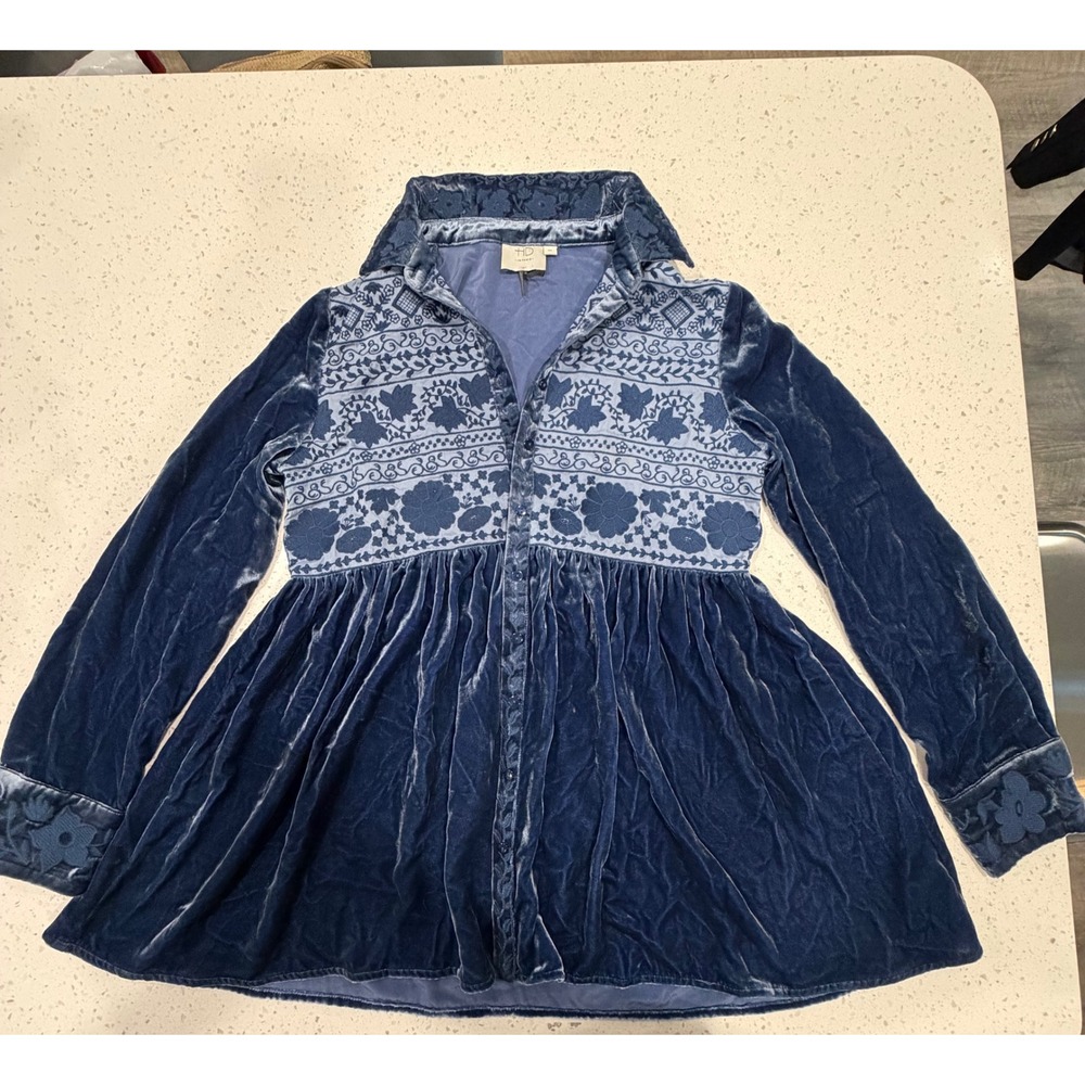HD in Paris Anthropologie Blue Silk Blend Velvet Embroidered Babydoll Tunic XS